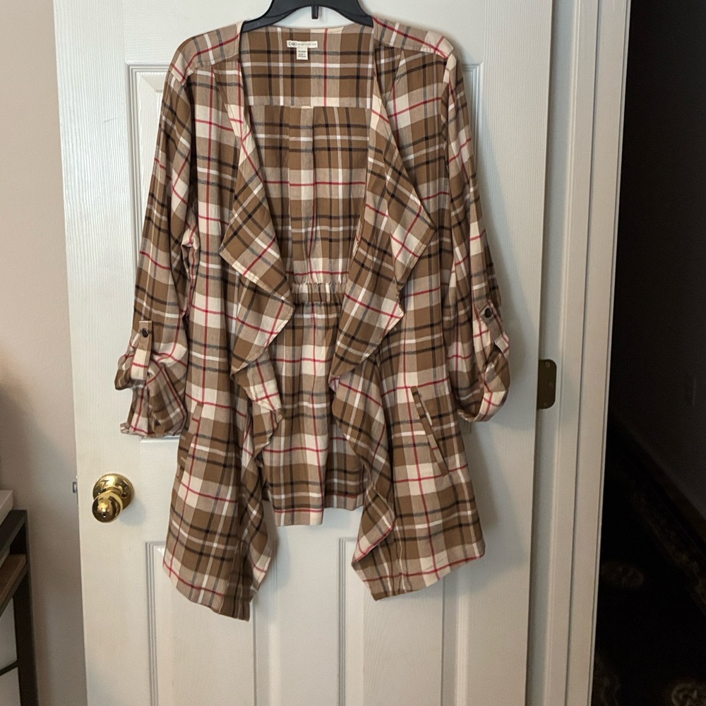 Brown Plaid Open Front Cardigan